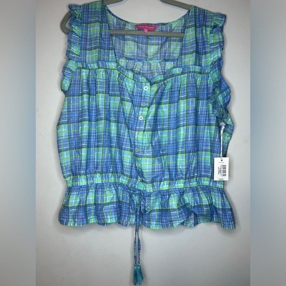 New! Simply Southern 100% Cotton Smocked Top for Women in Plaid Green XL